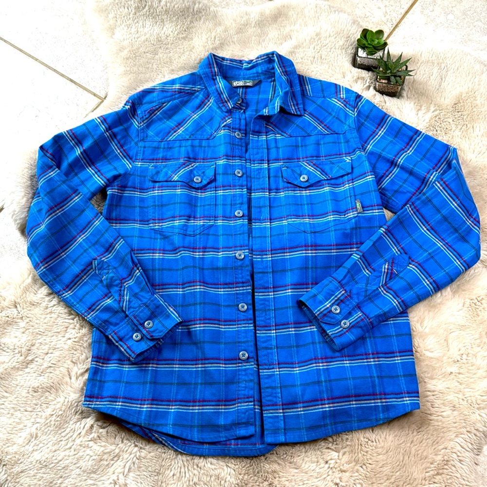 Stio Junction Midweight Flannel Shirt Plaid Small Organic Cotton Blue - Picture 2 of 12